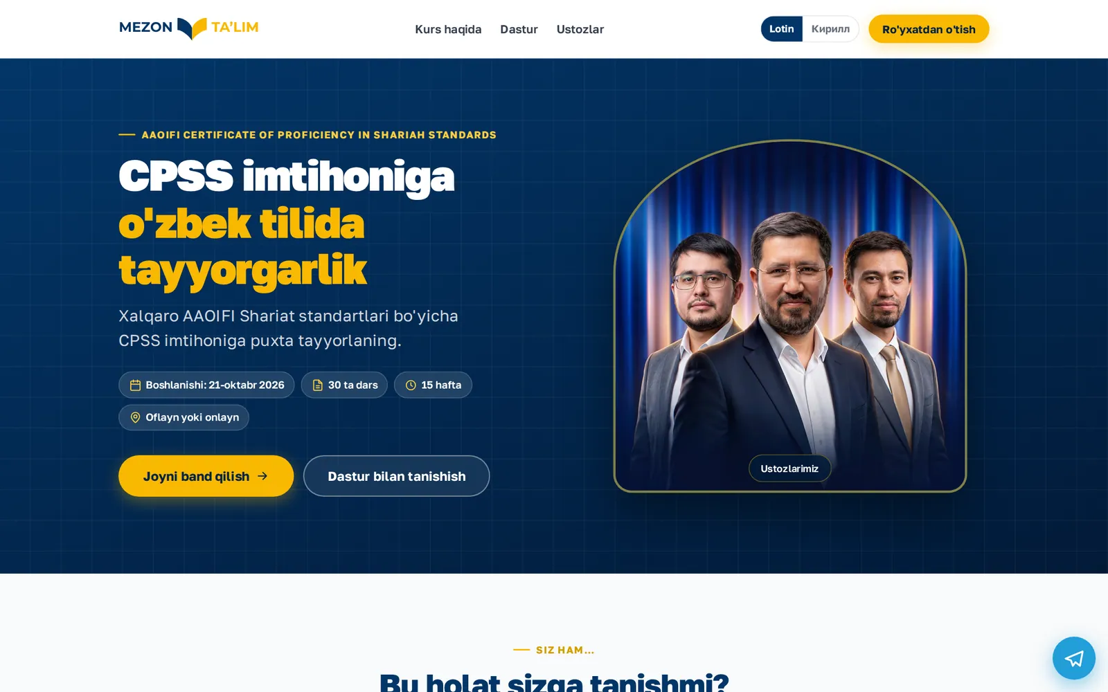 Mezon Ta’lim lendingining desktopdagi birinchi ekrani